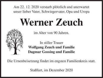Traueranzeige von Werner Zeuch  von Magdeburger Volksstimme