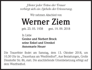 Traueranzeige von Werner Ziem  von Magdeburger Volksstimme