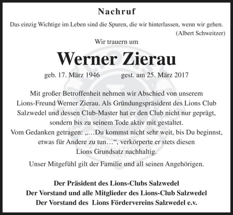  Traueranzeige für Werner Zierau  vom 31.03.2017 aus Magdeburger Volksstimme