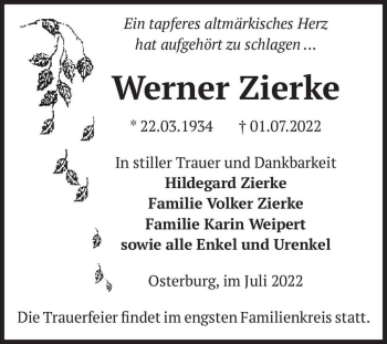 Traueranzeige von Werner Zierke  von Magdeburger Volksstimme