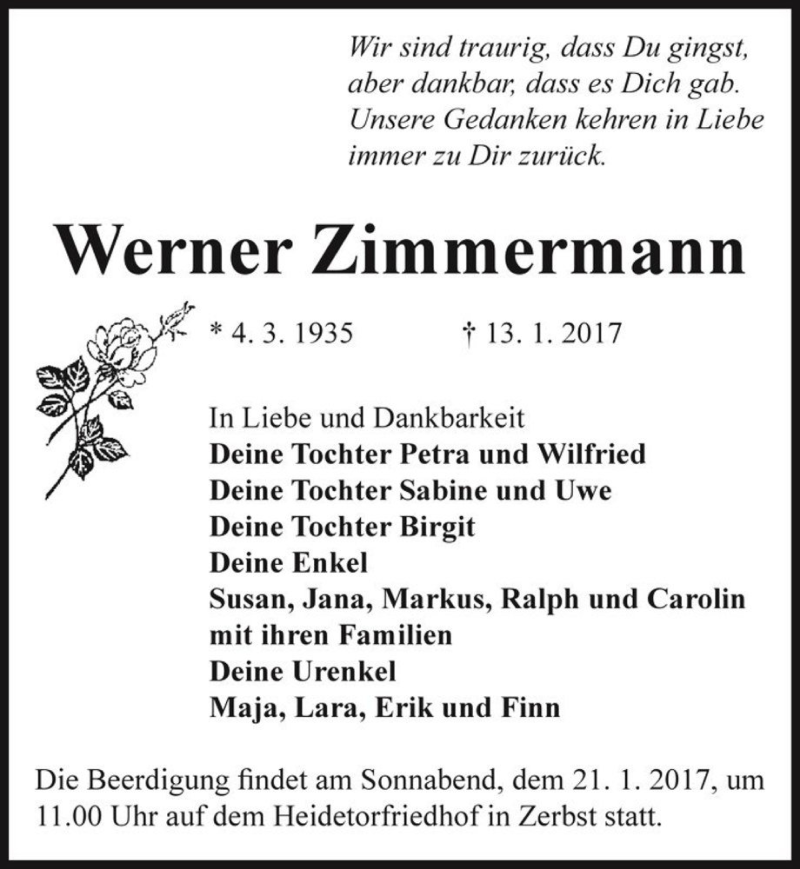  Traueranzeige für Werner Zimmermann  vom 18.01.2017 aus Magdeburger Volksstimme