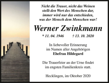 Traueranzeige von Werner Zwinkmann  von Magdeburger Volksstimme