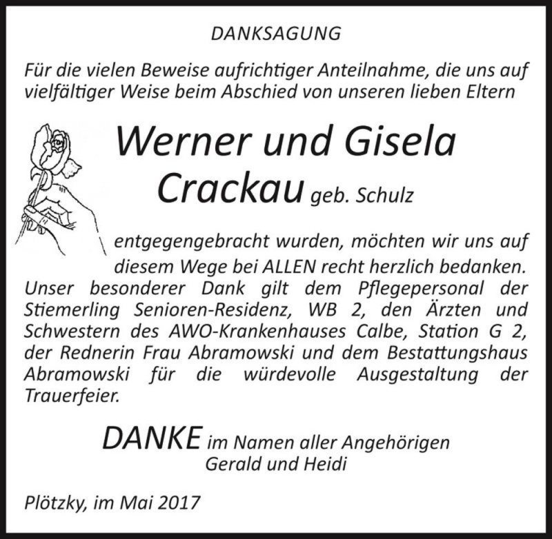  Traueranzeige für Werner und Gisela Crackau (geb. Schulz)  vom 13.05.2017 aus Magdeburger Volksstimme