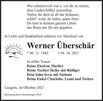 Traueranzeige von Werner Überschär  von Magdeburger Volksstimme