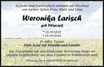 Traueranzeige von Weronika Larisch (geb. Filipczyk)  von Magdeburger Volksstimme
