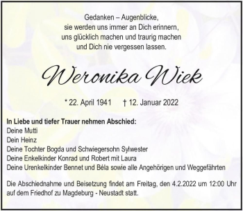 Traueranzeige von Weronika Wiek  von Magdeburger Volksstimme