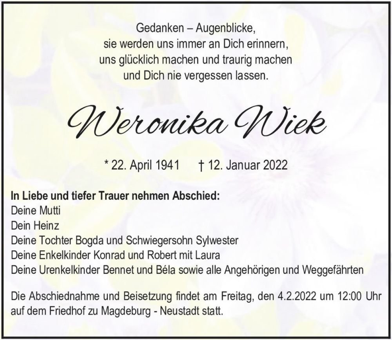  Traueranzeige für Weronika Wiek  vom 22.01.2022 aus Magdeburger Volksstimme