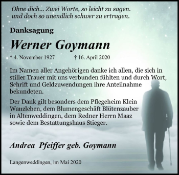 Traueranzeige von Werrner Goymann  von Magdeburger Volksstimme