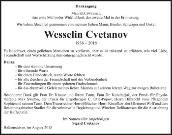 Traueranzeige von Wesselin Cvetanov  von Magdeburger Volksstimme