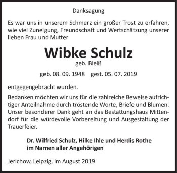 Traueranzeige von Wibke Schulz (geb. Bleiß)  von Magdeburger Volksstimme