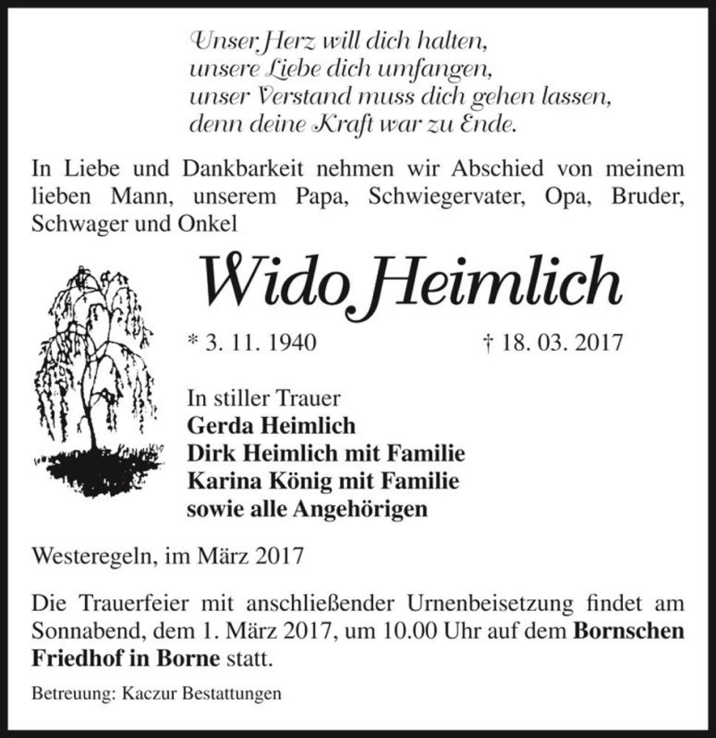  Traueranzeige für Wido Heimlich  vom 25.03.2017 aus Magdeburger Volksstimme