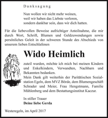 Traueranzeige von Wido Heimlich  von Magdeburger Volksstimme
