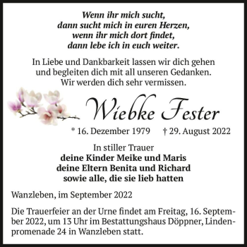 Traueranzeige von Wiebke Fester  von Magdeburger Volksstimme