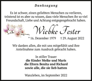 Traueranzeige von Wiebke Fester  von Magdeburger Volksstimme