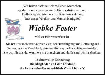 Traueranzeige von Wiebke Fester  von Magdeburger Volksstimme