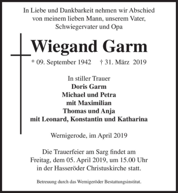 Traueranzeige von Wiegand Garm  von Magdeburger Volksstimme