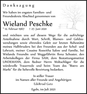 Traueranzeige von Wieland Peschke  von Magdeburger Volksstimme
