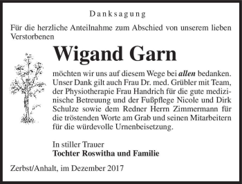Traueranzeige von Wigand Garn  von Magdeburger Volksstimme