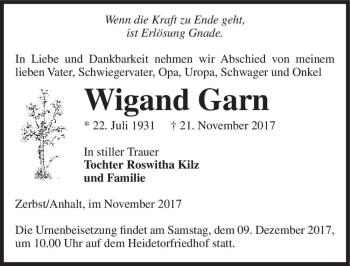 Traueranzeige von Wigand Garn  von Magdeburger Volksstimme
