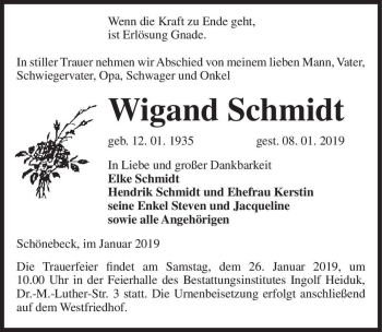 Traueranzeige von Wigand Schmidt  von Magdeburger Volksstimme