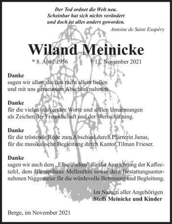 Traueranzeige von Wiland Meinicke  von Magdeburger Volksstimme