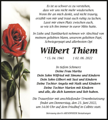 Traueranzeige von Wilbert Thiem  von Magdeburger Volksstimme