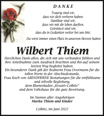 Traueranzeige von Wilbert Thiem  von Magdeburger Volksstimme
