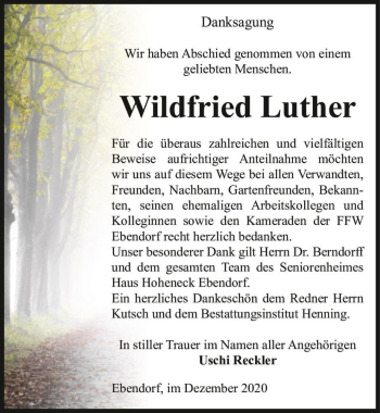 Traueranzeige von Wildfried Luther  von Magdeburger Volksstimme