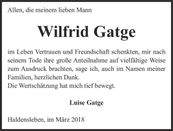 Traueranzeige von Wilfrid Gatge  von Magdeburger Volksstimme