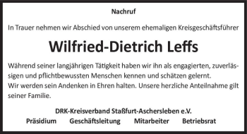 Traueranzeige von Wilfried-Dietrich Leffs  von Magdeburger Volksstimme