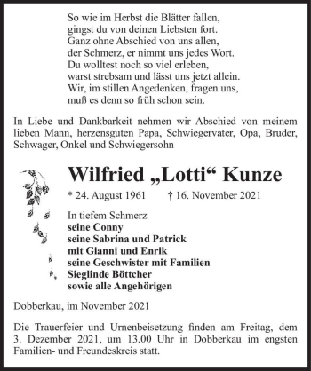 Traueranzeige von Wilfried 