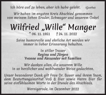Traueranzeige von Wilfried 