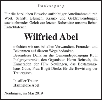 Traueranzeige von Wilfried Abel  von Magdeburger Volksstimme