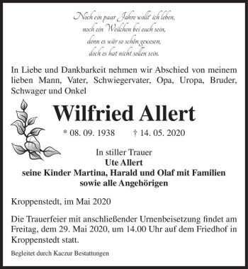 Traueranzeige von Wilfried Allert  von Magdeburger Volksstimme