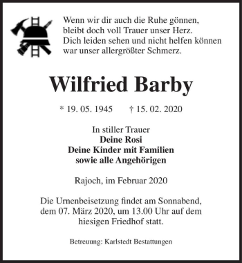 Traueranzeige von Wilfried Barby  von Magdeburger Volksstimme