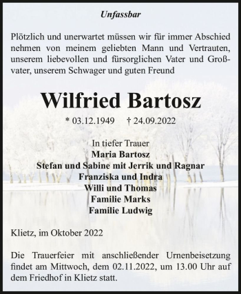 Traueranzeige von Wilfried Bartosz  von Magdeburger Volksstimme