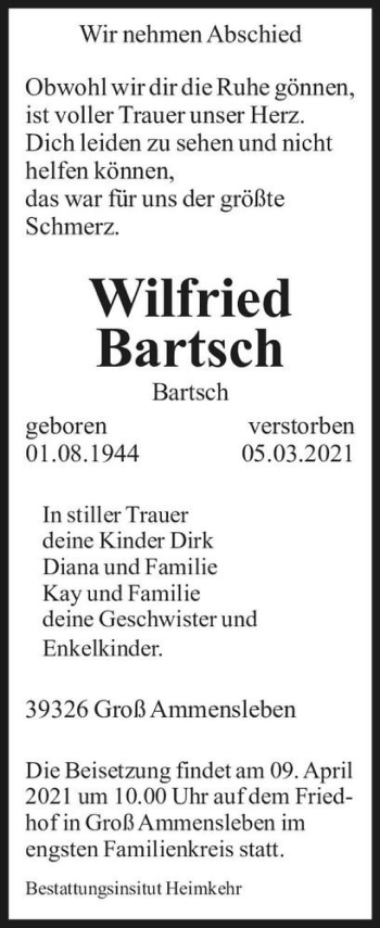 Traueranzeige von Wilfried Bartsch  von Magdeburger Volksstimme