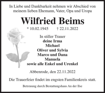 Traueranzeige von Wilfried Beims  von Magdeburger Volksstimme