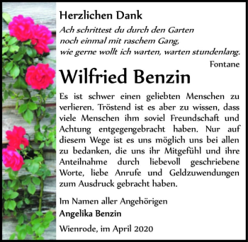 Traueranzeige von Wilfried Benzin  von Magdeburger Volksstimme