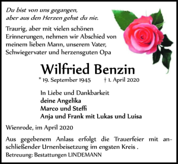 Traueranzeige von Wilfried Benzin  von Magdeburger Volksstimme