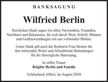 Traueranzeige von Wilfried Berlin  von Magdeburger Volksstimme