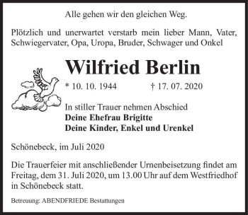 Traueranzeige von Wilfried Berlin  von Magdeburger Volksstimme