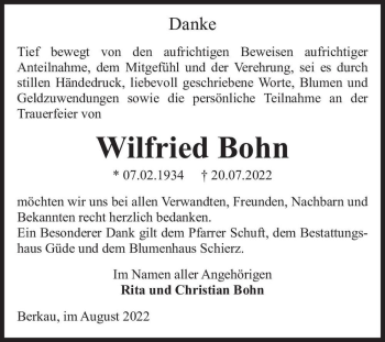 Traueranzeige von Wilfried Bohn  von Magdeburger Volksstimme