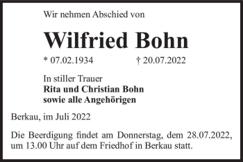 Traueranzeige von Wilfried Bohn  von Magdeburger Volksstimme