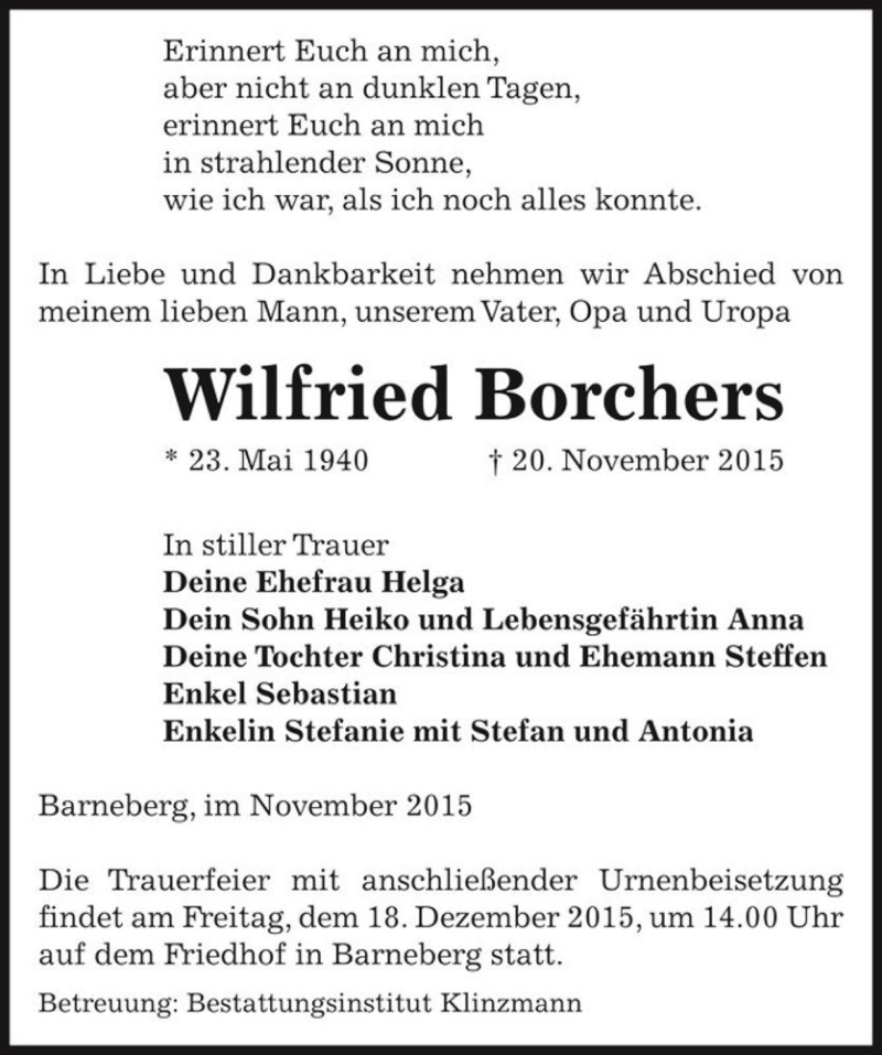  Traueranzeige für Wilfried Borchers  vom 25.11.2015 aus Magdeburger Volksstimme