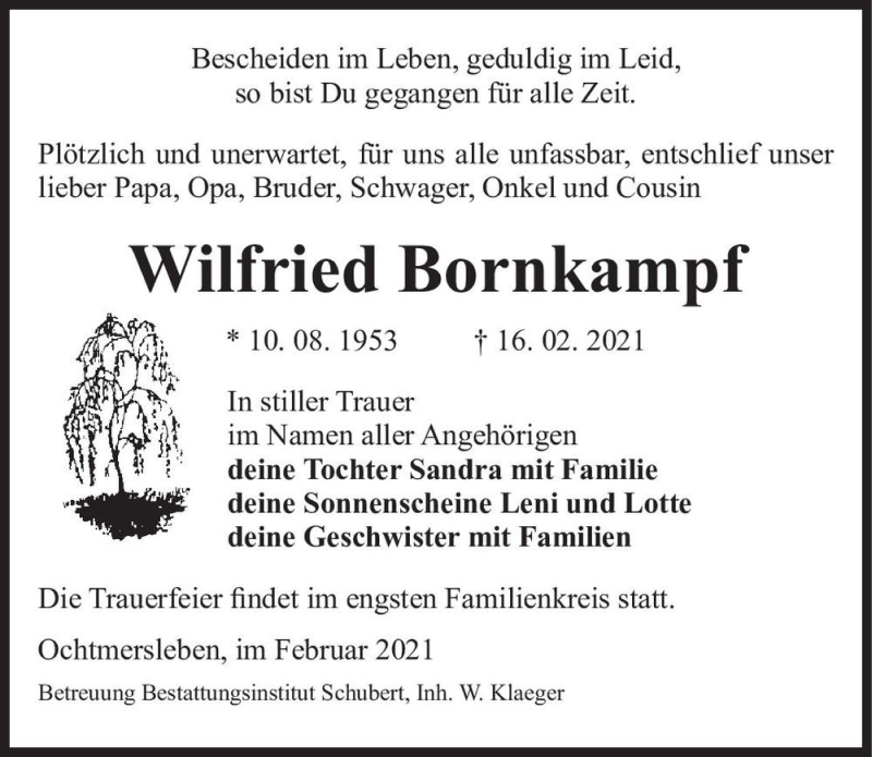  Traueranzeige für Wilfried Bornkampf  vom 20.02.2021 aus Magdeburger Volksstimme