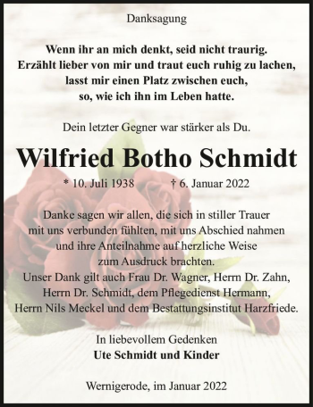 Traueranzeige von Wilfried Botho Schmidt  von Magdeburger Volksstimme