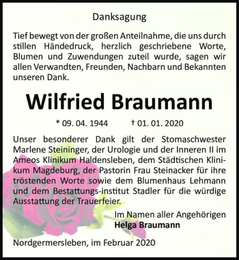 Traueranzeige von Wilfried Braumann  von Magdeburger Volksstimme