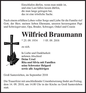 Traueranzeige von Wilfried Braumann  von Magdeburger Volksstimme