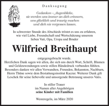 Traueranzeige von Wilfried Breithaupt  von Magdeburger Volksstimme